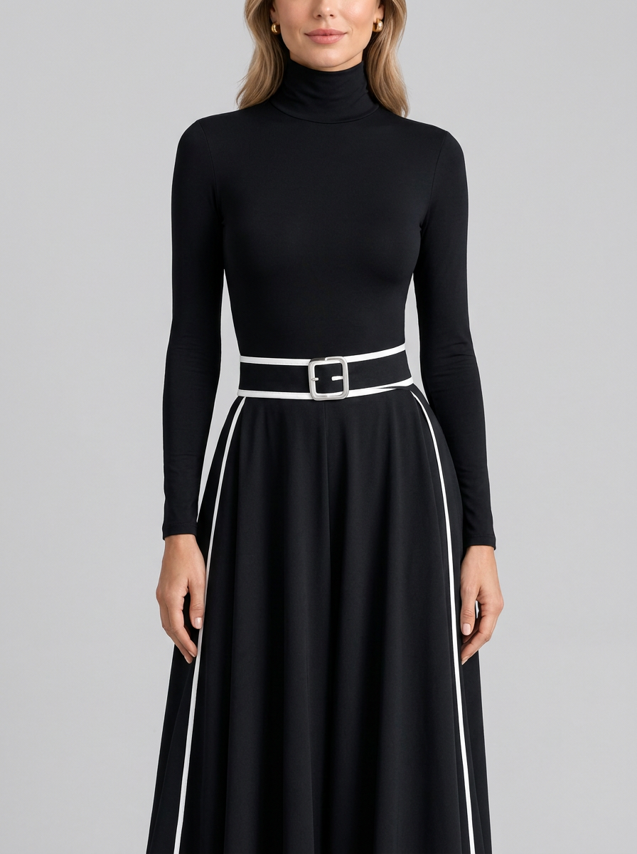 Vestido negro con costuras blancas y cuello alto
