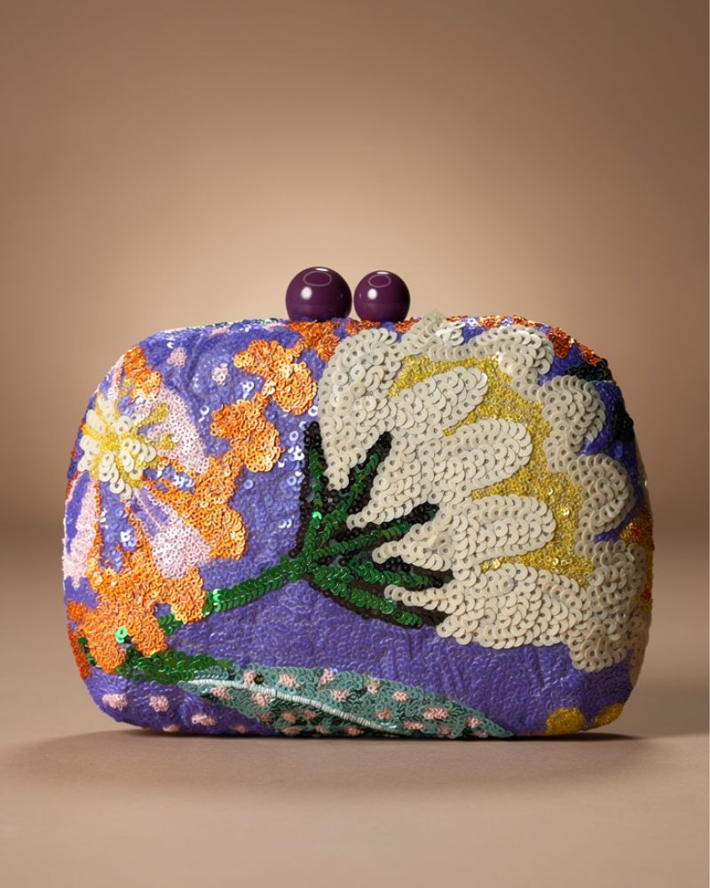 Aurora | Bolso de mano de lentejuelas con flores morado