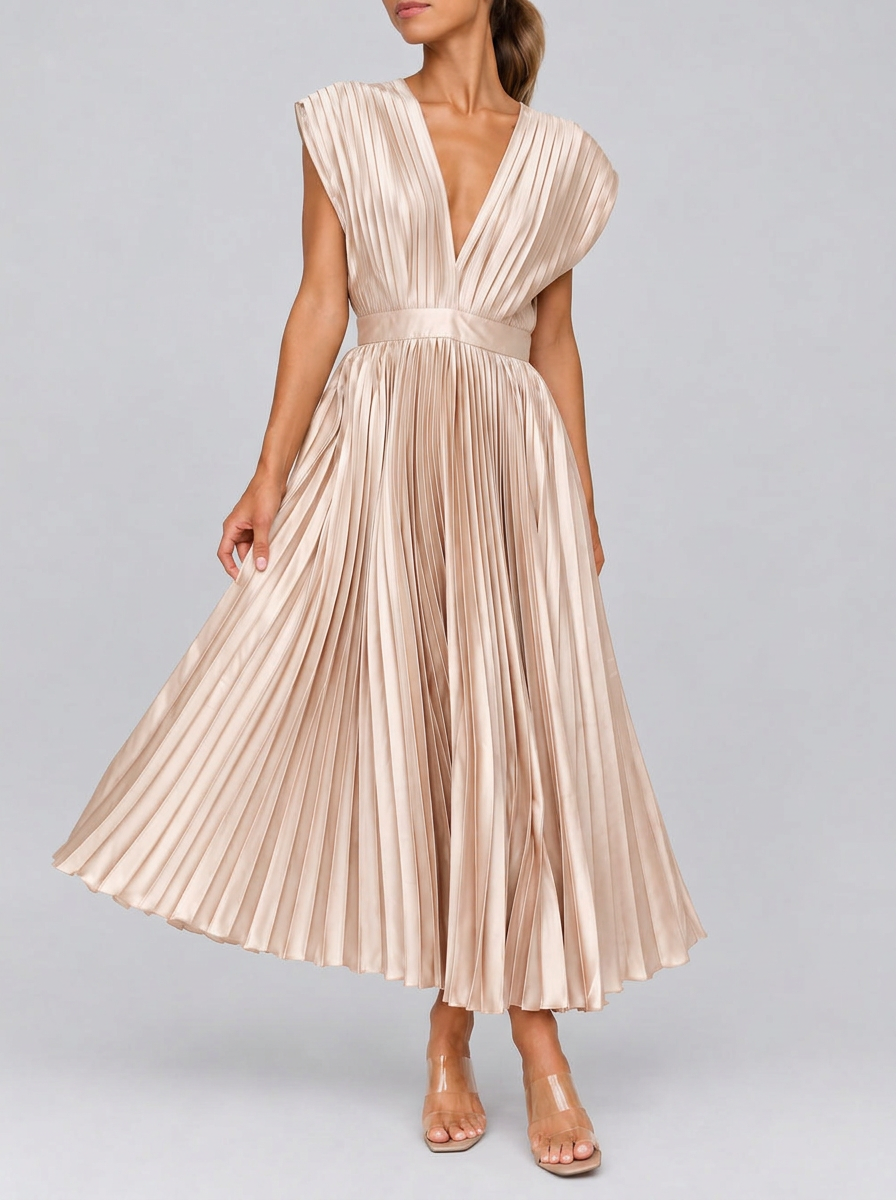 Vestido elegante de satén con cuello en V y caída fluida