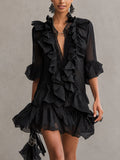 Itziar | Vestido corto negro de gasa con encaje