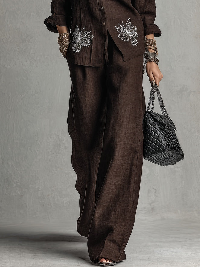 Federica | Conjunto marrón de camisa bordada y pantalón ancho