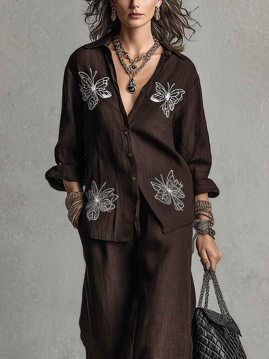 Federica | Conjunto marrón de camisa bordada y pantalón ancho