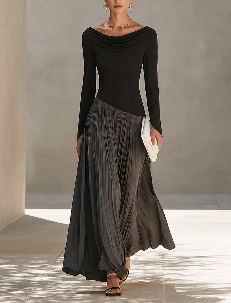 Rosella | Vestido largo plisado negro y gris