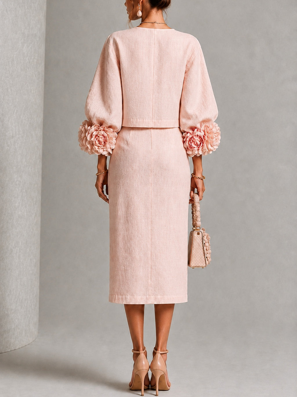 Rita | Conjunto rosa de top y falda con puños florales