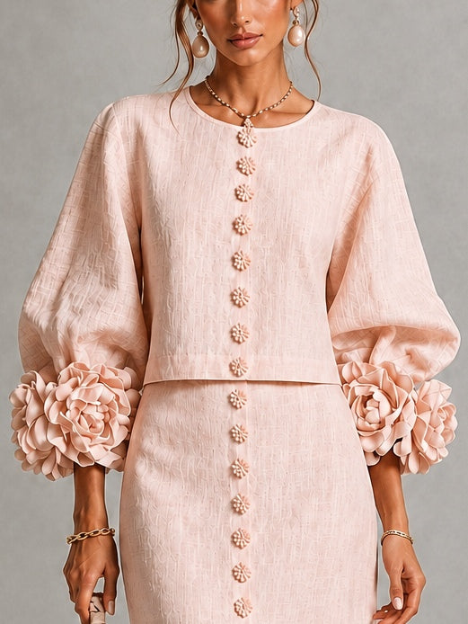 Rita | Conjunto rosa de top y falda con puños florales