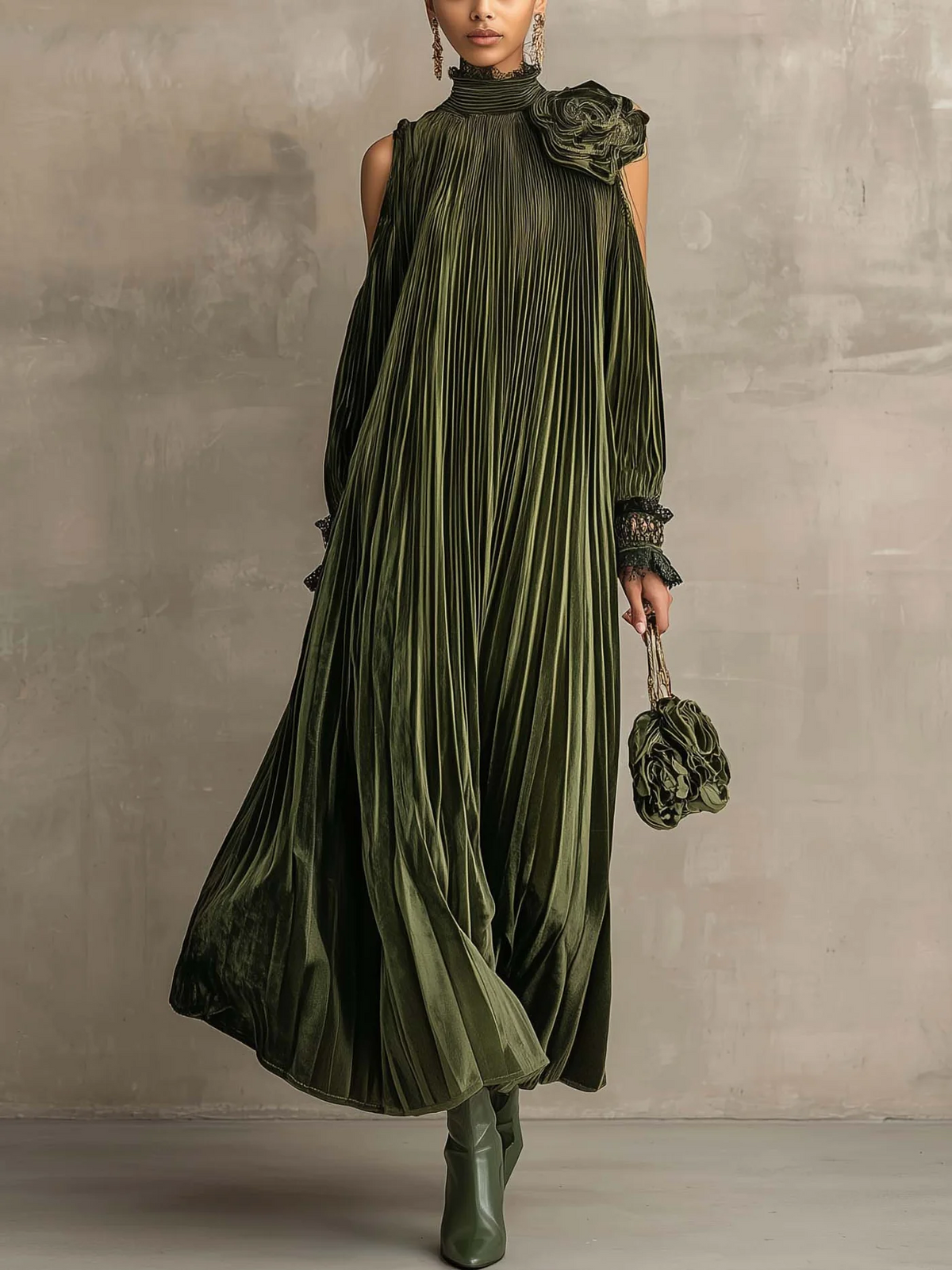Rosario | Vestido largo plisado con flor
