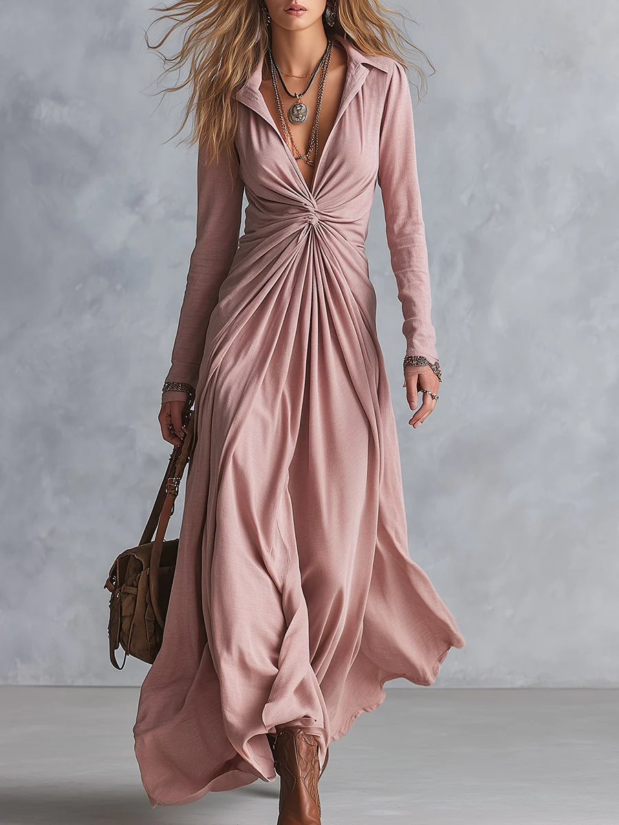 Melania | Vestido largo fruncido rosa empolvado