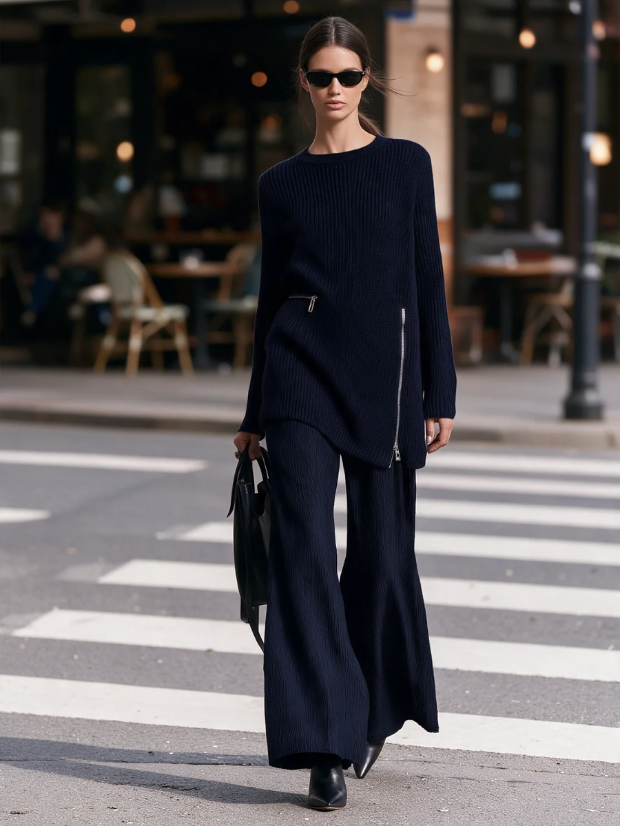 Helena | Conjunto de punto azul marino con cremalleras