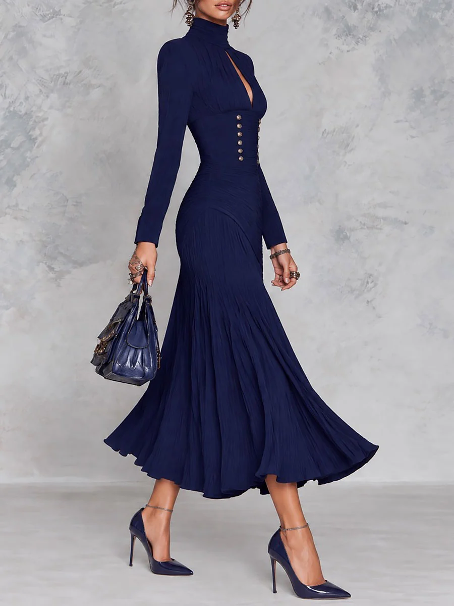 Jana | Vestido largo azul marino de cuello alto con botones dorados