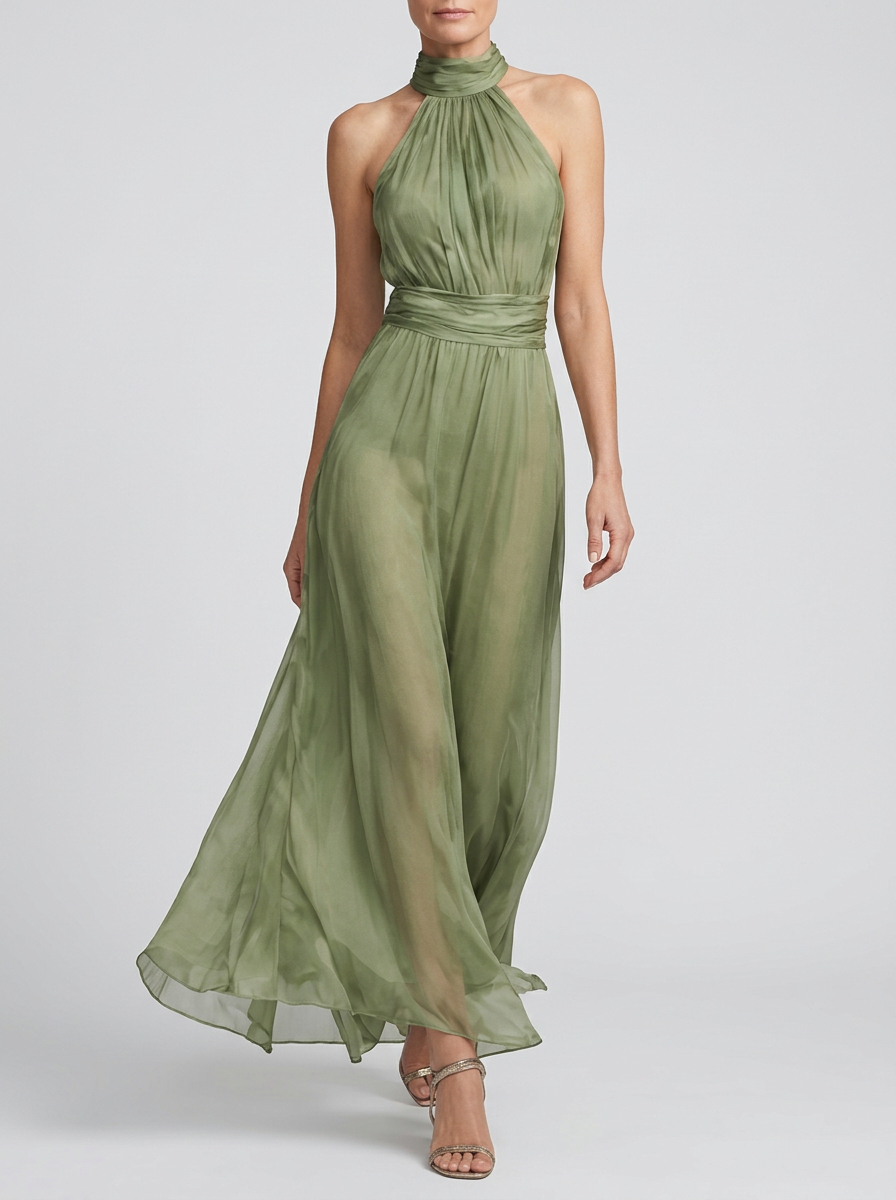 Vestido largo de gasa con cuello halter y color liso