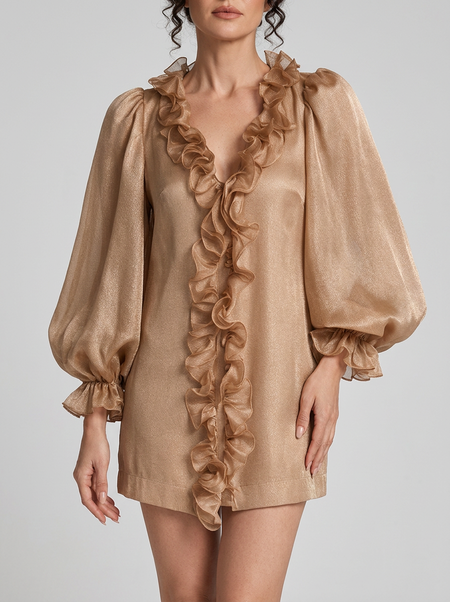 Vestido mini holgado de corte recto con mangas abullonadas y volantes