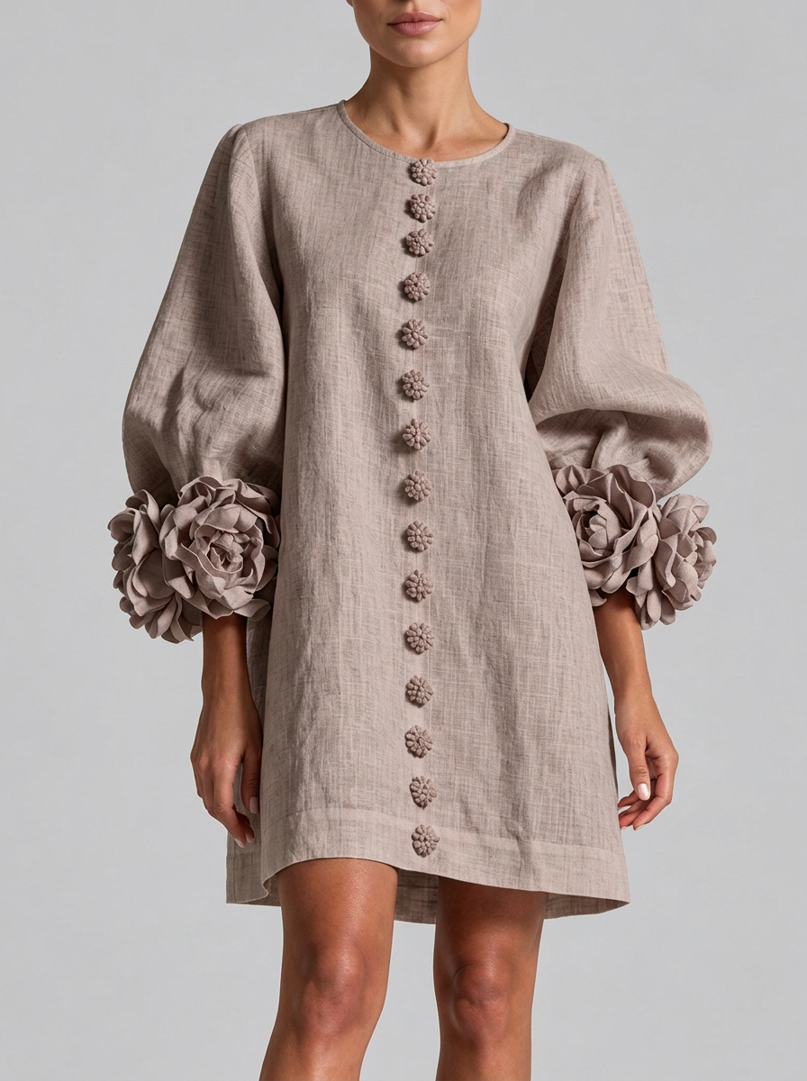 Vestido mini color topo champiñón con estampado floral, abotonado y llamativos puños florales