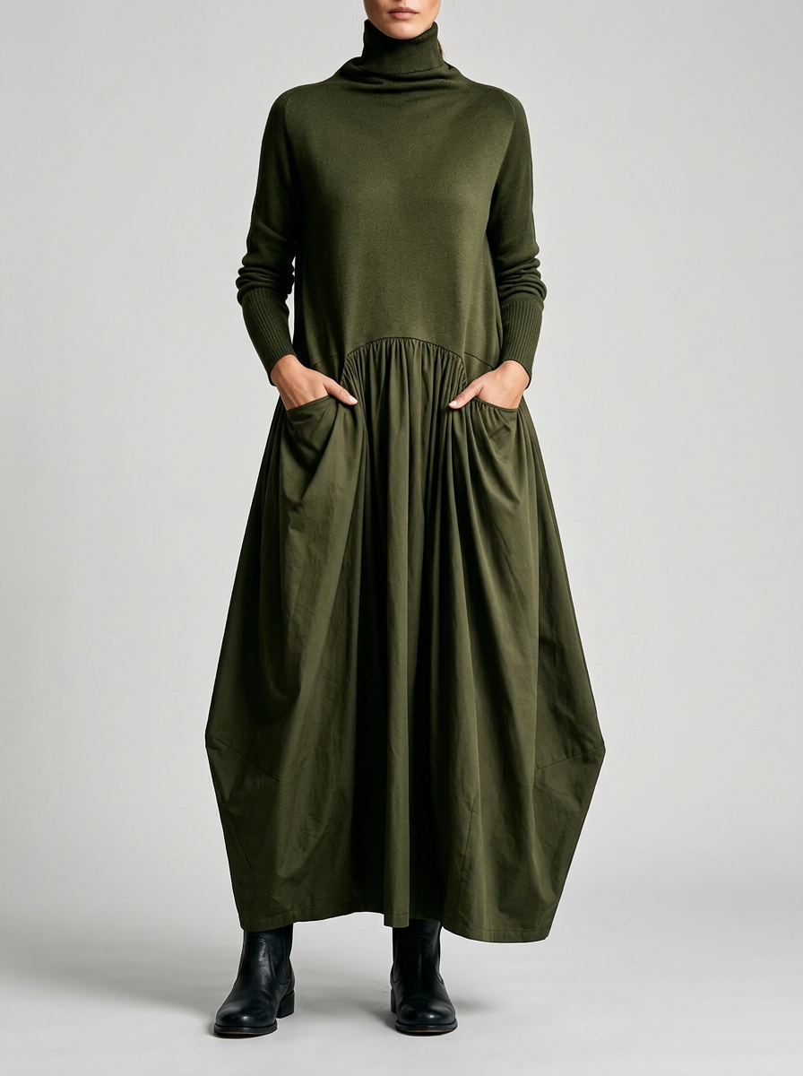 Vestido maxi negro de corte oversize con cuello alto y detalle de bolsillos