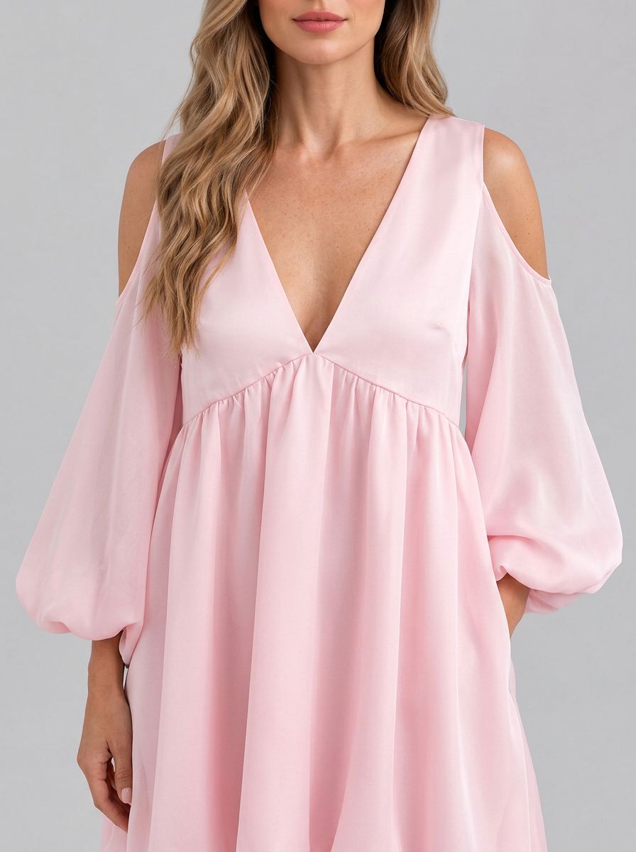 Vestido mini babydoll de fiesta rosa bebé de gasa, con escote profundo en V, hombros descubiertos y mangas abullonadas tipo globo