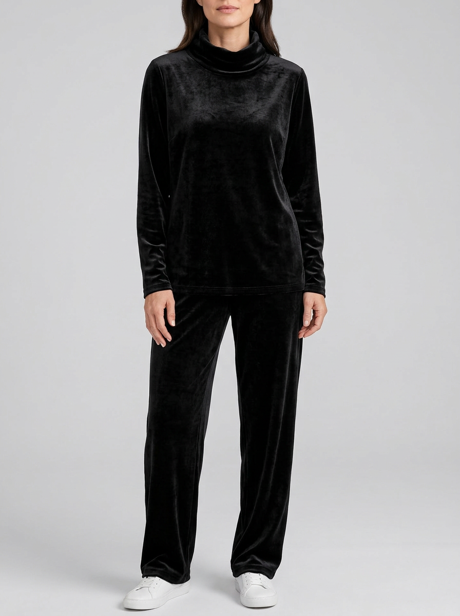 Conjunto de terciopelo negro con top de cuello vuelto y pantalón holgado