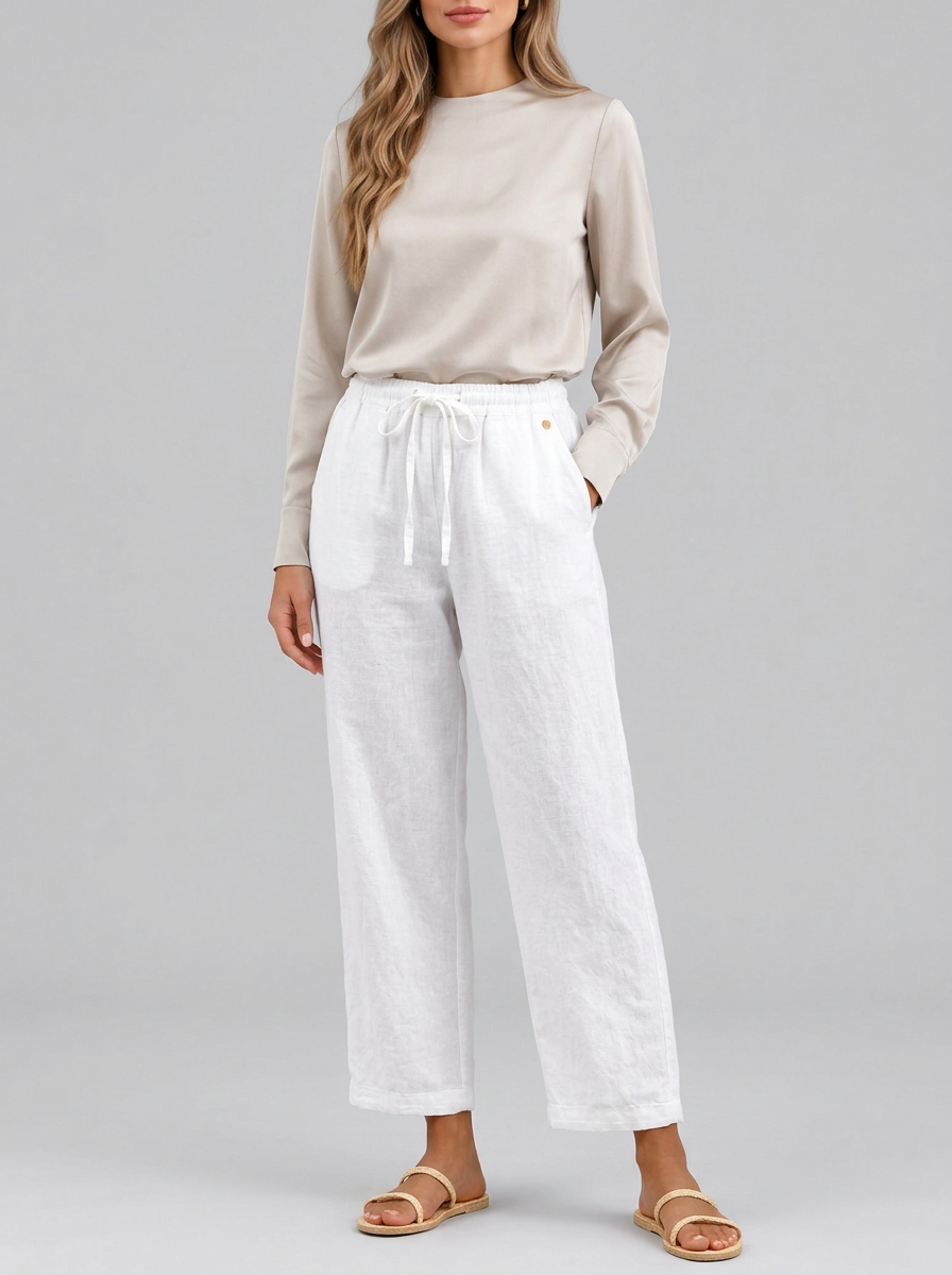 Pantalones holgados de algodón y lino con cordón de ajuste