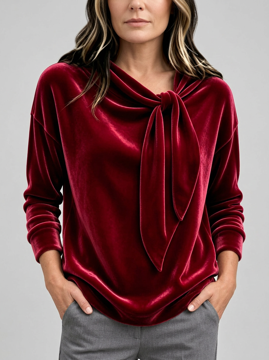 Blusa holgada de terciopelo con lazo al cuello