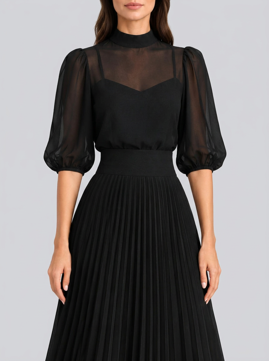 Conjunto de tres piezas con top negro de gasa y falda midi plisada