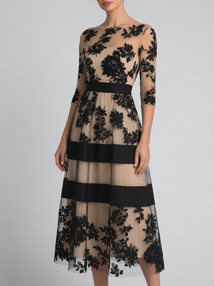 Vestido midi elegante de encaje negro, corte evasé