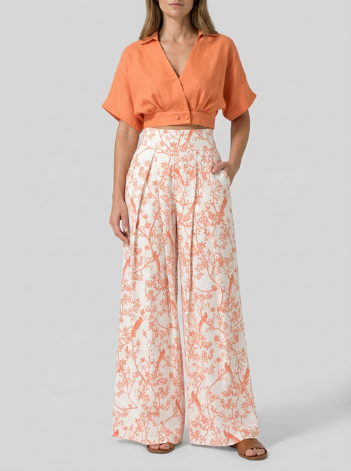 Conjunto de dos piezas con blusa de cuello en V y pantalones de pierna ancha