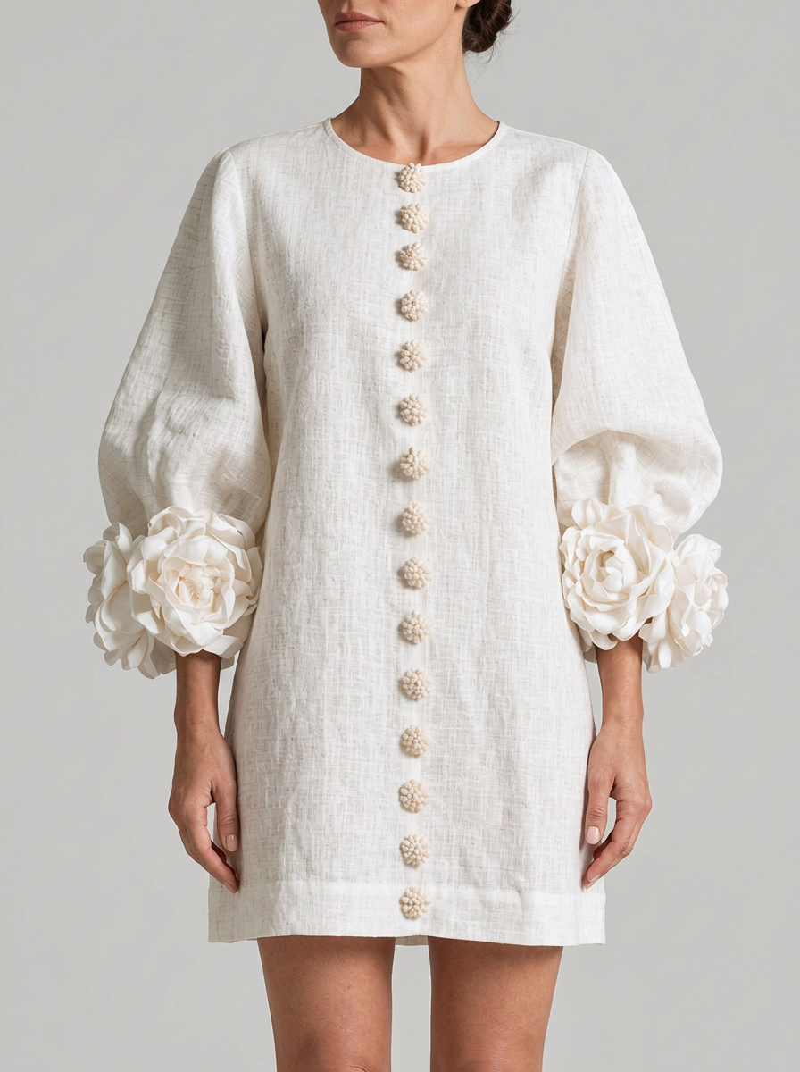 Vestido corto blanco de flores, abotonado, con llamativos puños florales