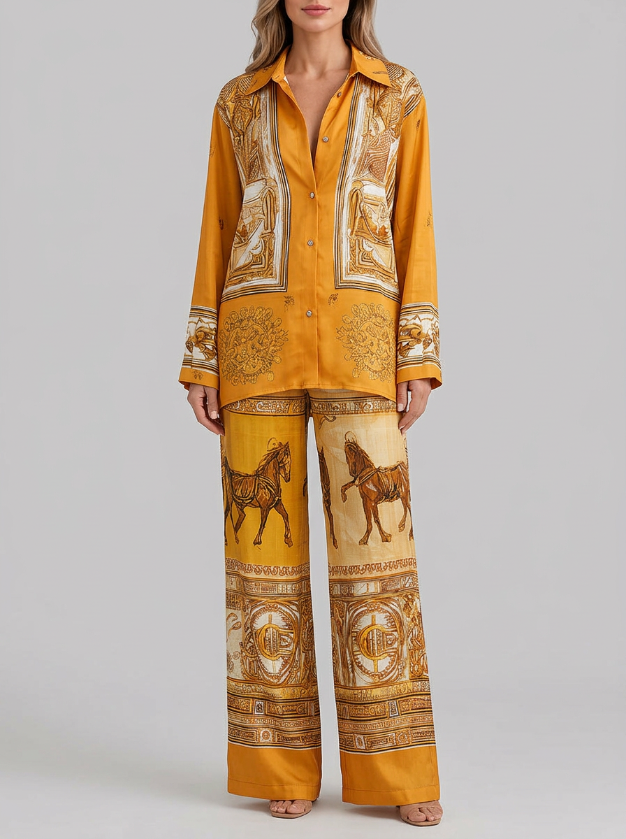 Conjunto naranja con estampado barroco de camisa y pantalón ancho