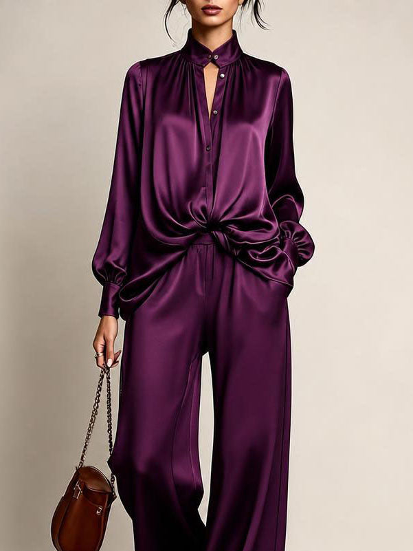Nayara | Conjunto de satén morado con cuello mao